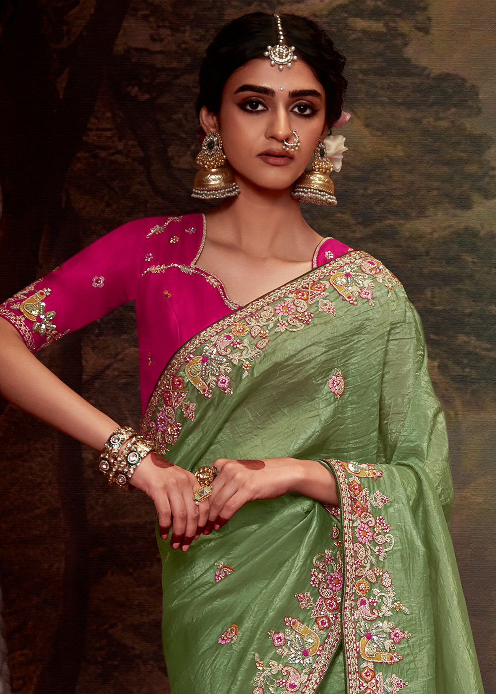 Mint Green Heavy Embroidered Designer Silk Saree