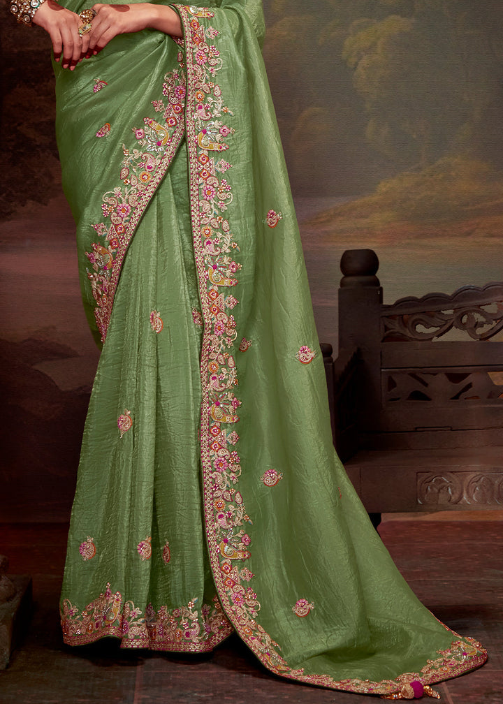 Mint Green Heavy Embroidered Designer Silk Saree