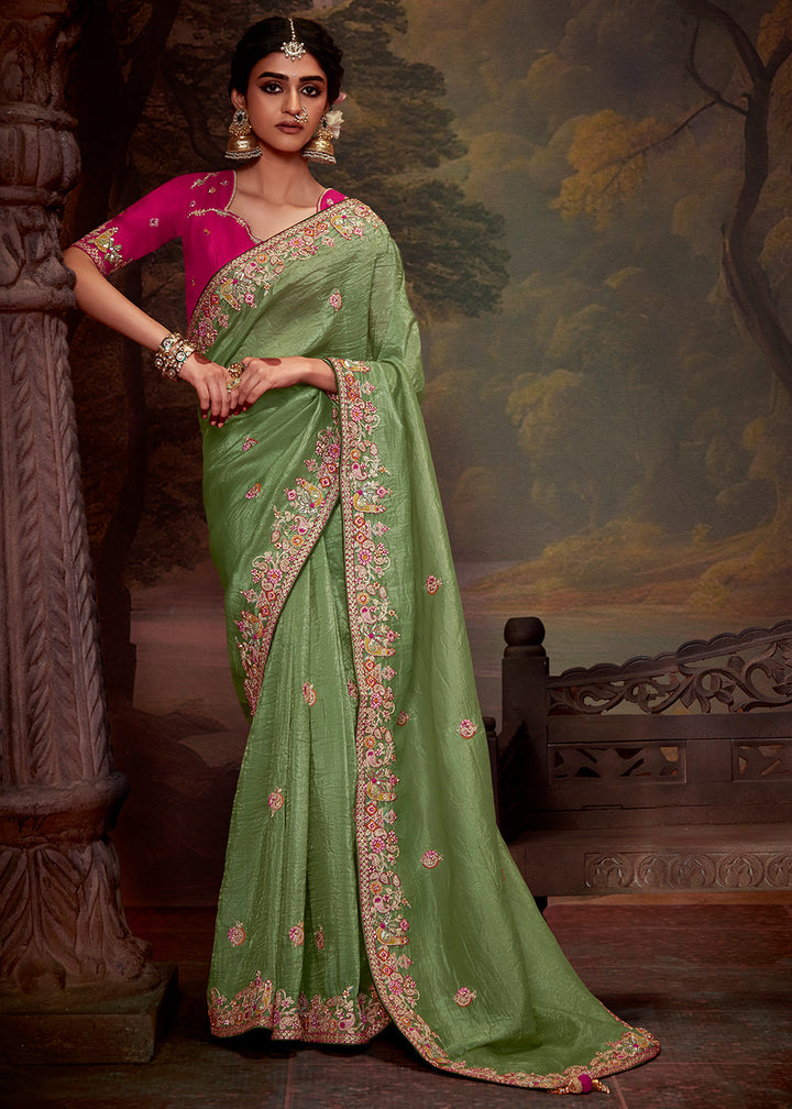 Mint Green Heavy Embroidered Designer Silk Saree