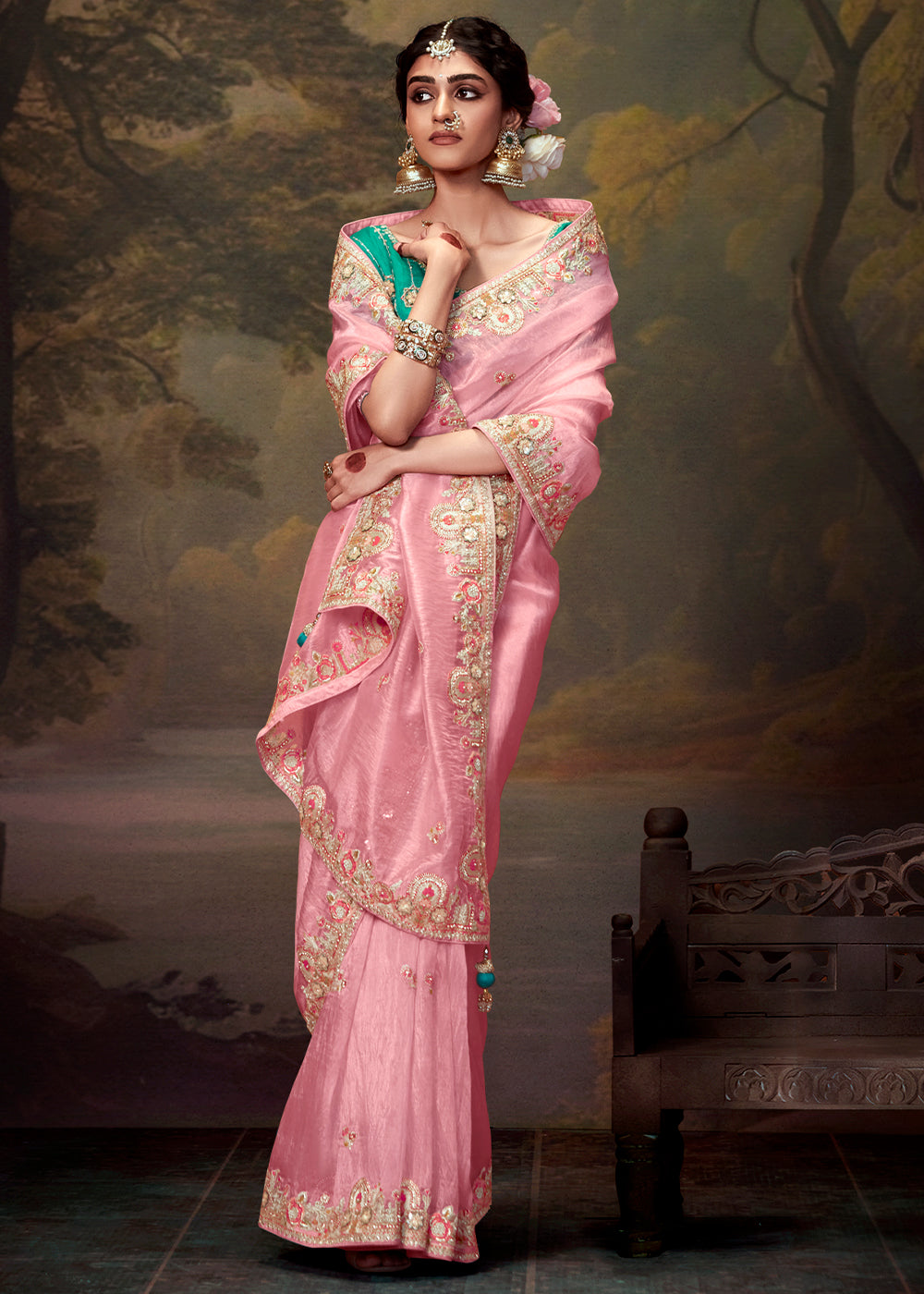 Blush Pink Heavy Embroidered Designer Silk Saree