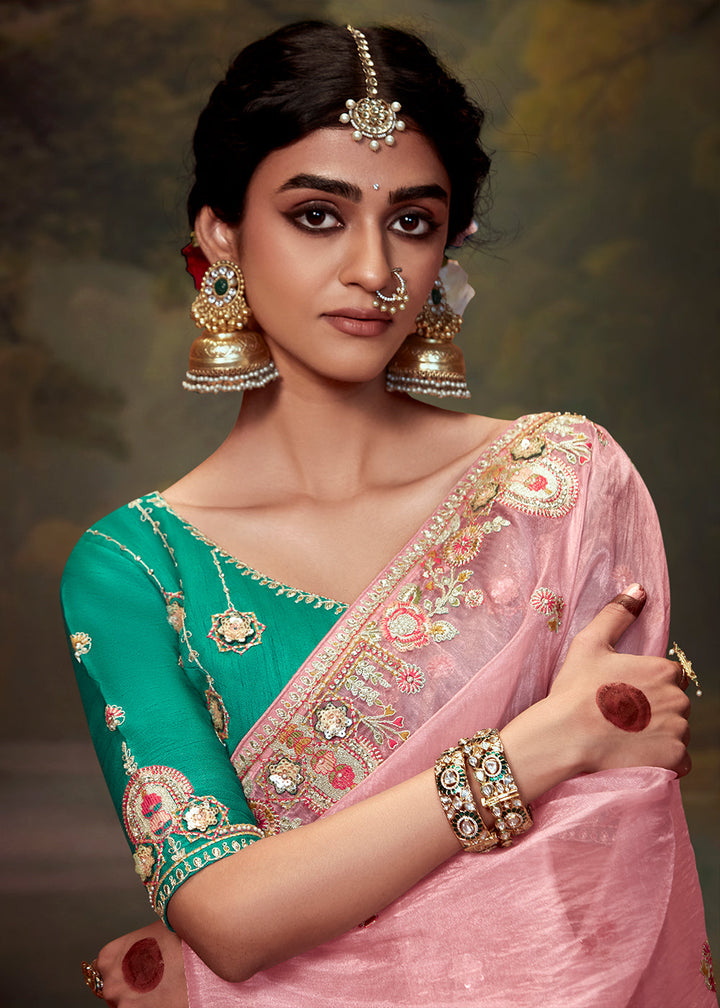 Blush Pink Heavy Embroidered Designer Silk Saree