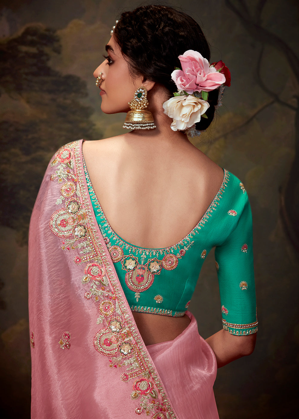 Blush Pink Heavy Embroidered Designer Silk Saree