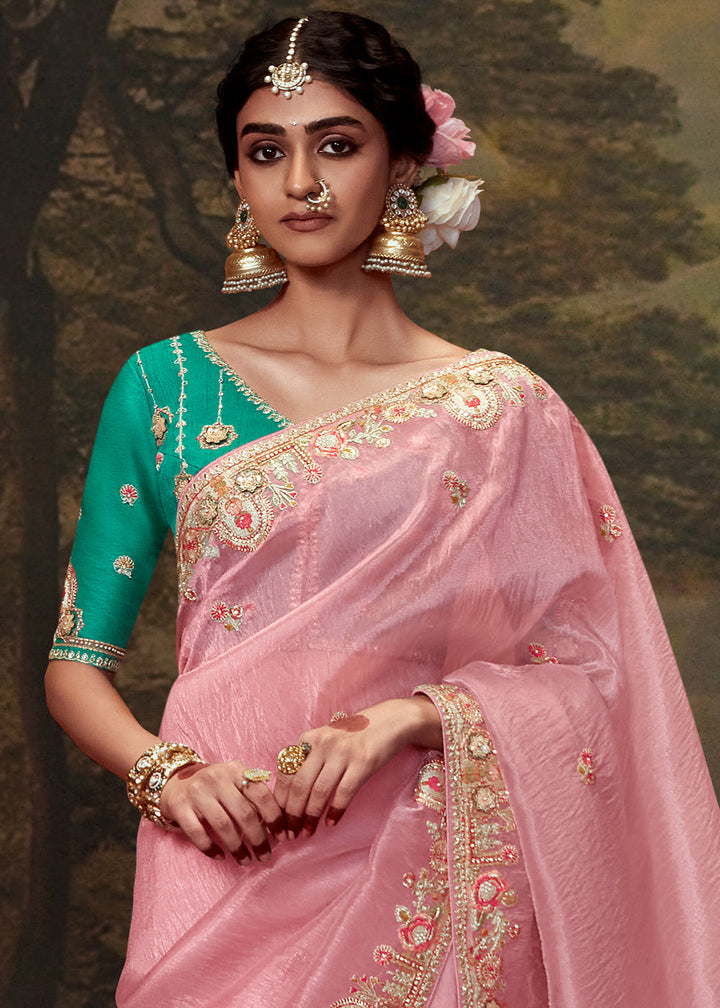 Blush Pink Heavy Embroidered Designer Silk Saree