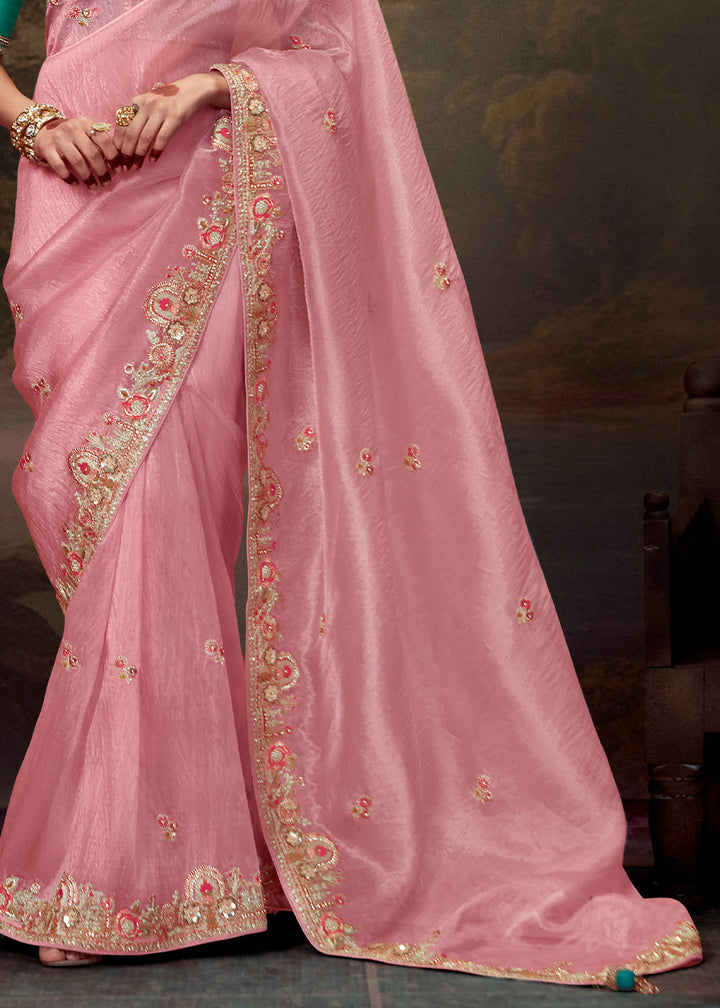 Blush Pink Heavy Embroidered Designer Silk Saree