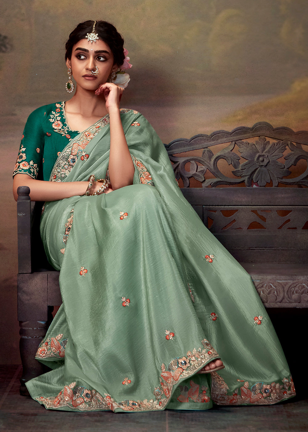 Parisian Green Heavy Embroidered Designer Silk Saree