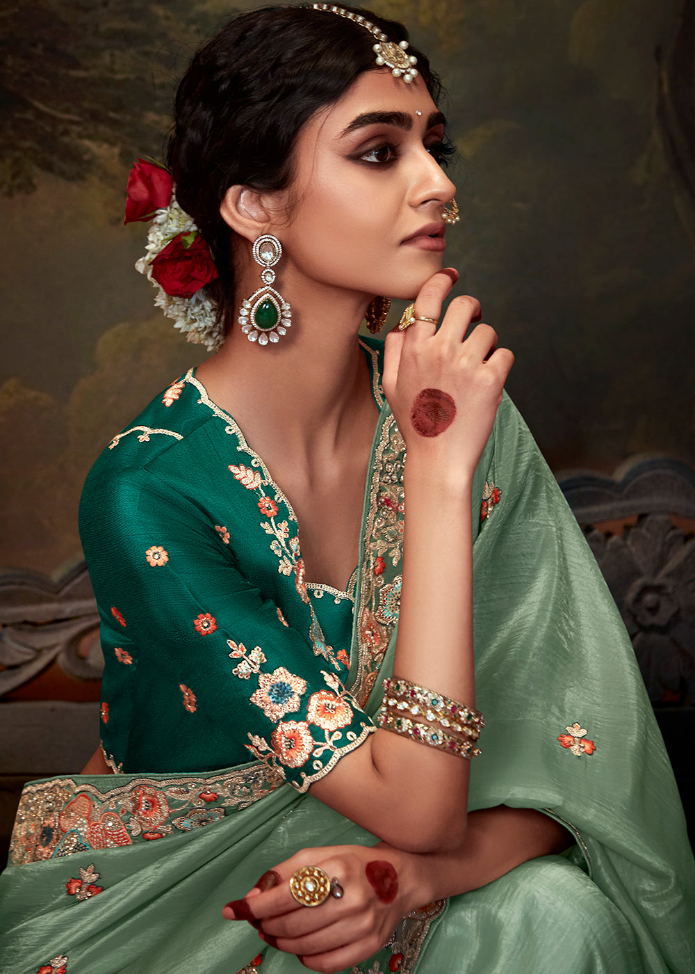 Parisian Green Heavy Embroidered Designer Silk Saree