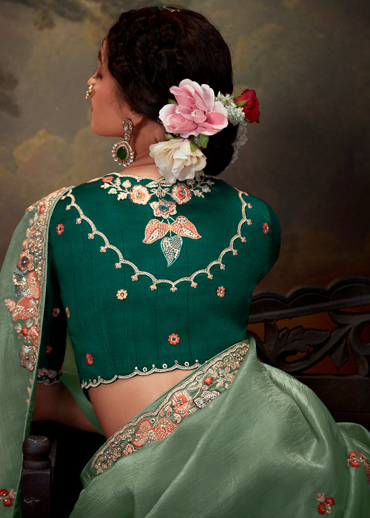 Parisian Green Heavy Embroidered Designer Silk Saree