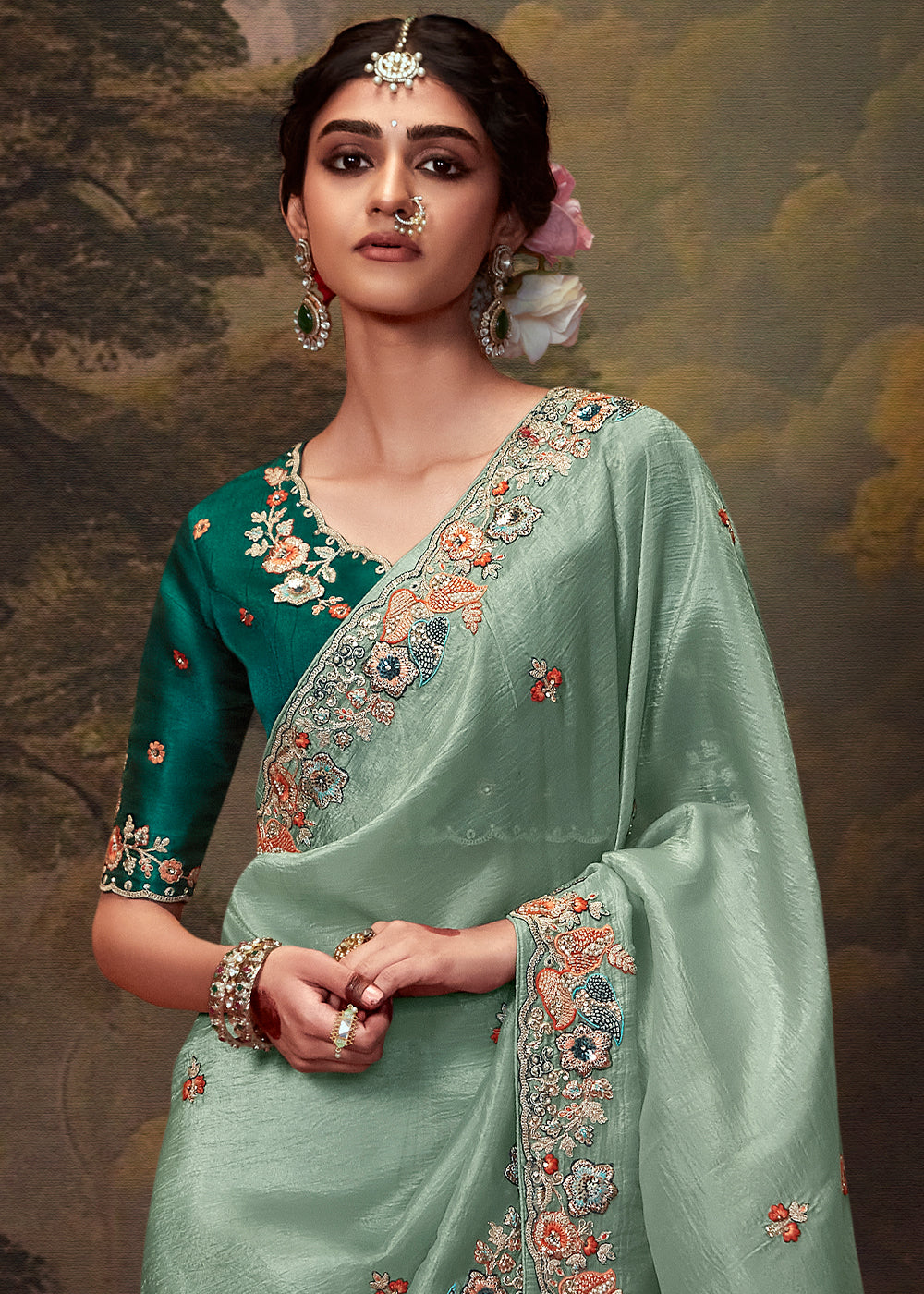 Parisian Green Heavy Embroidered Designer Silk Saree