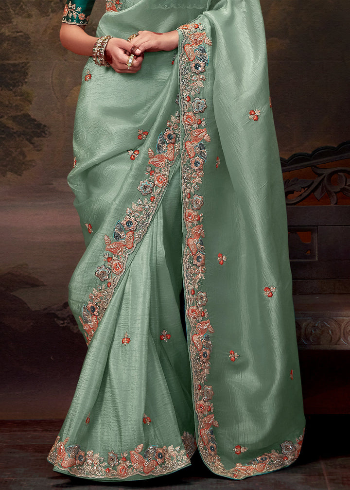 Parisian Green Heavy Embroidered Designer Silk Saree