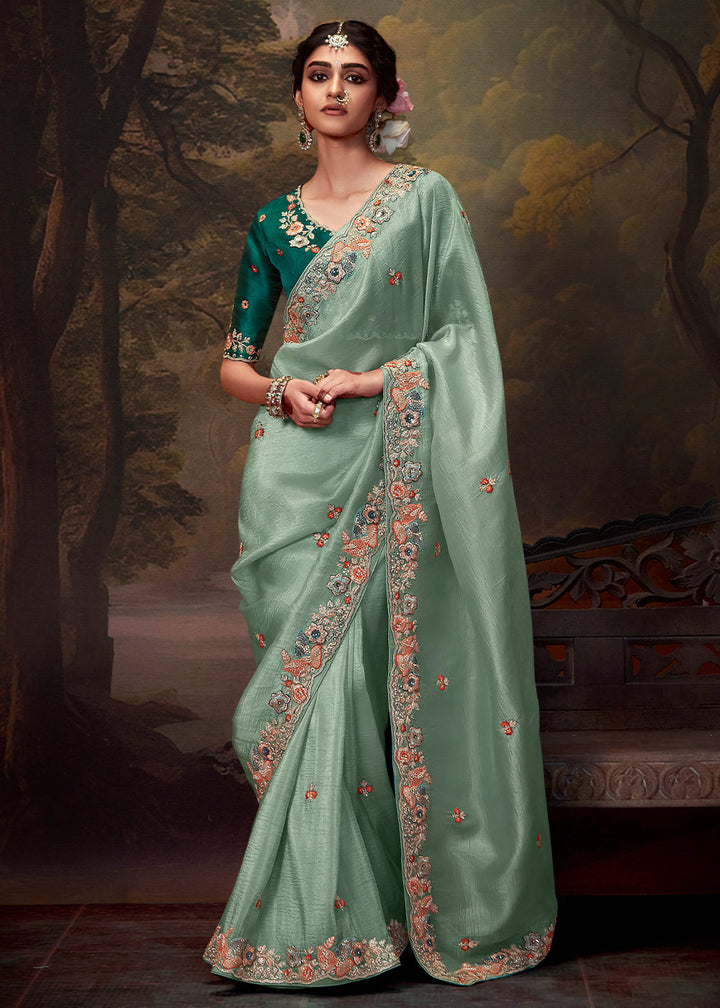 Parisian Green Heavy Embroidered Designer Silk Saree