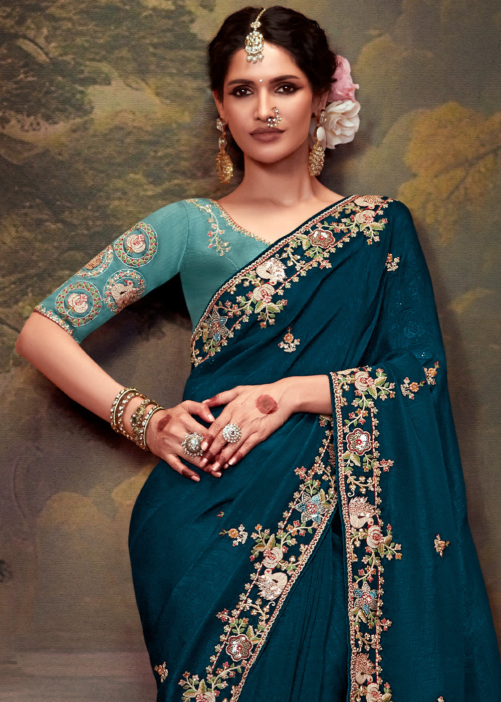 Coral Blue Heavy Embroidered Designer Silk Saree