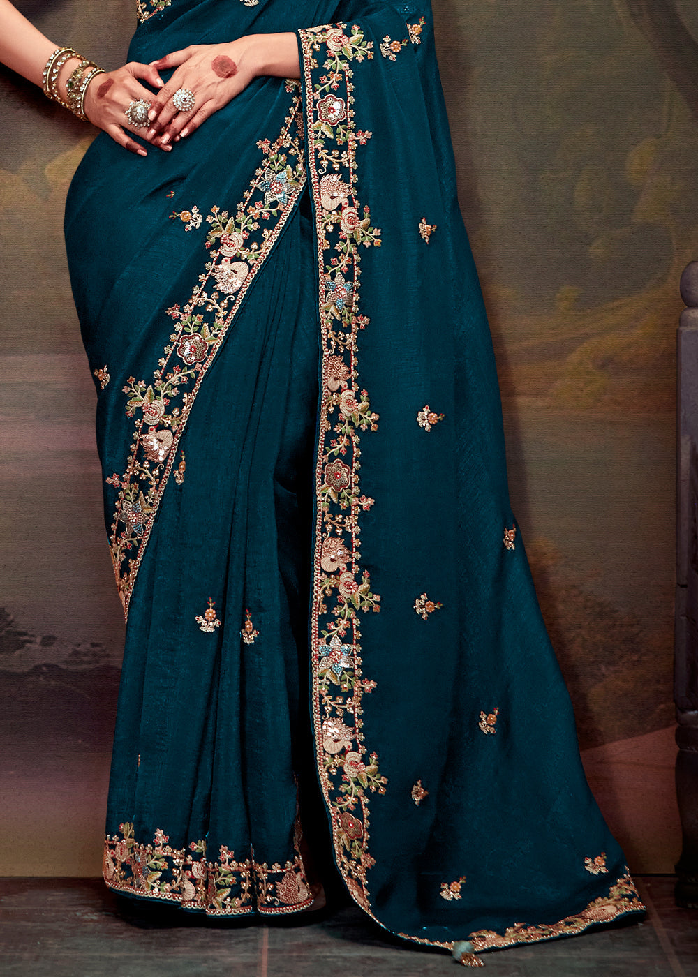 Coral Blue Heavy Embroidered Designer Silk Saree