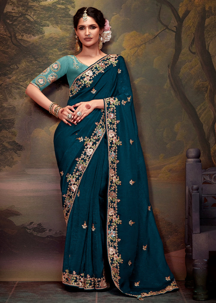 Coral Blue Heavy Embroidered Designer Silk Saree