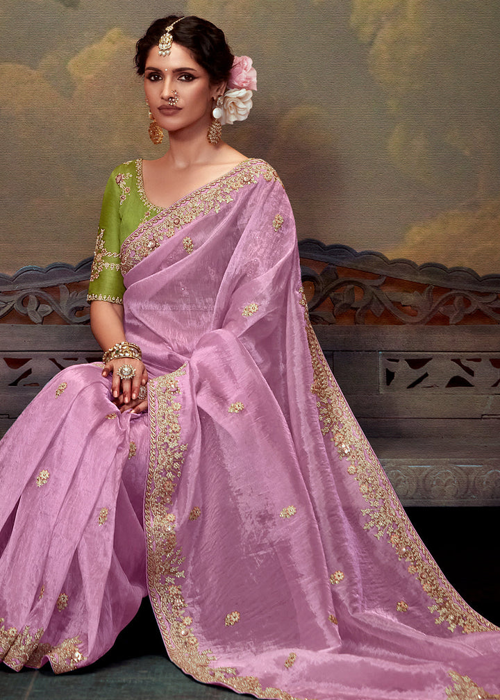 Lovender Pink Heavy Embroidered Designer Silk Saree