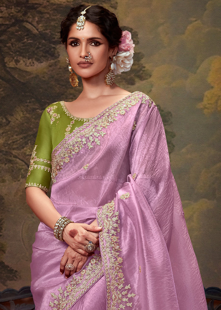 Lovender Pink Heavy Embroidered Designer Silk Saree