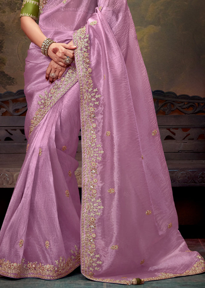 Lovender Pink Heavy Embroidered Designer Silk Saree