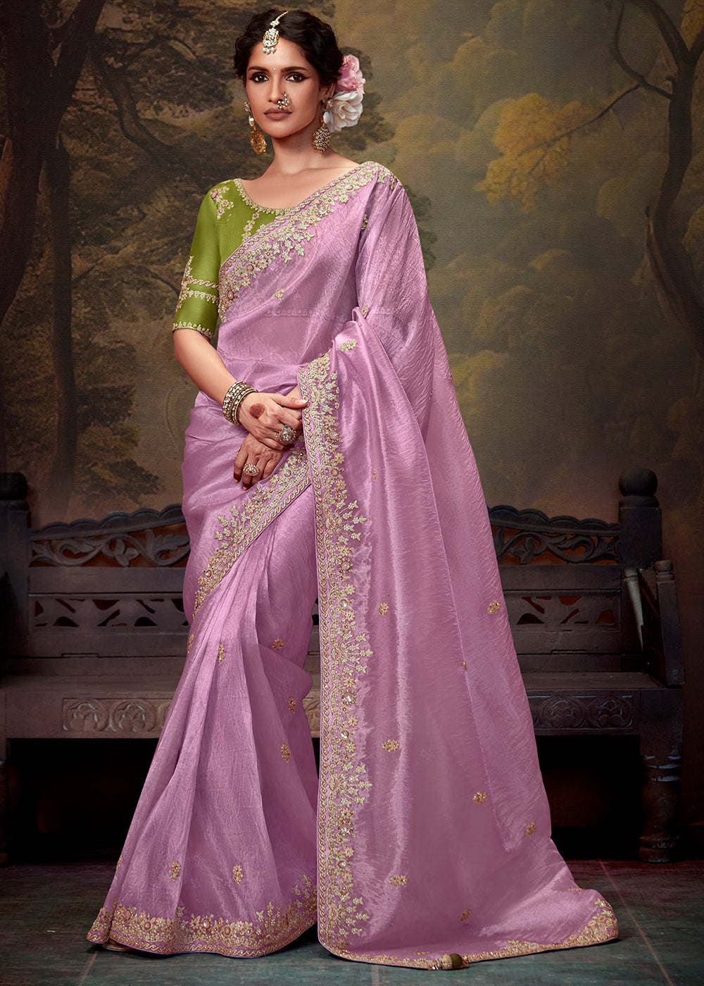 Lovender Pink Heavy Embroidered Designer Silk Saree