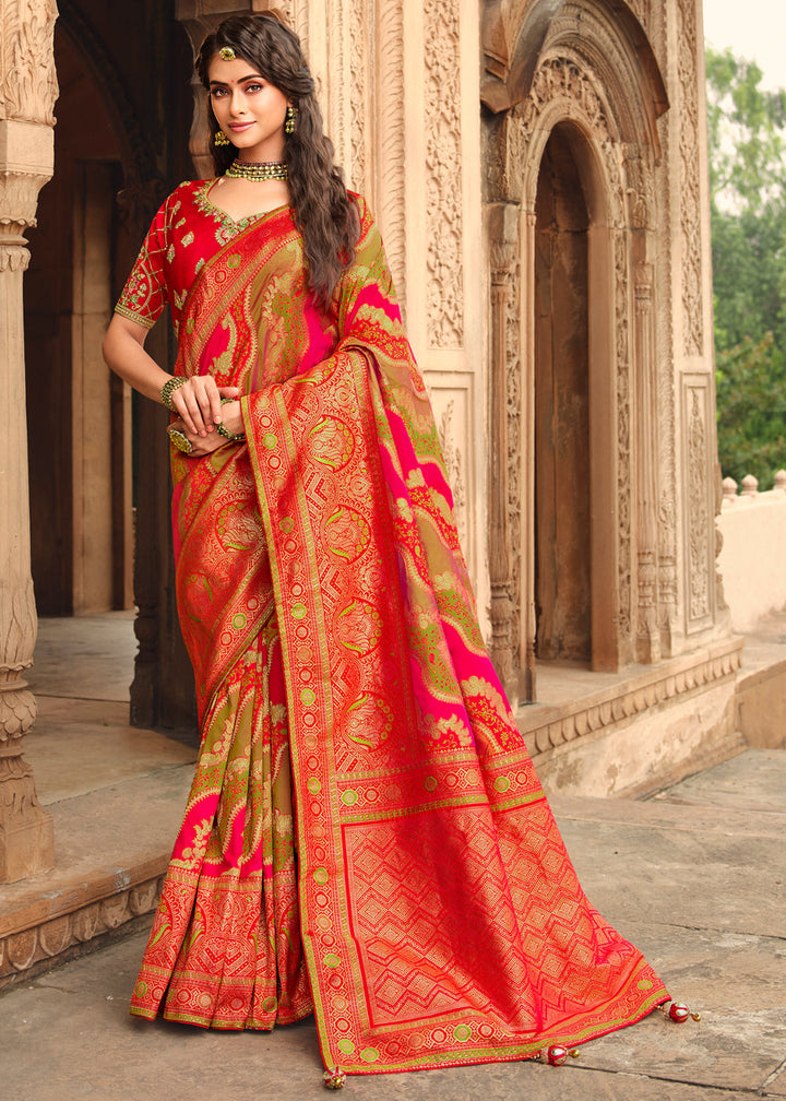 Red Woven Banarasi Silk Saree With Embroidery Designer Blouse