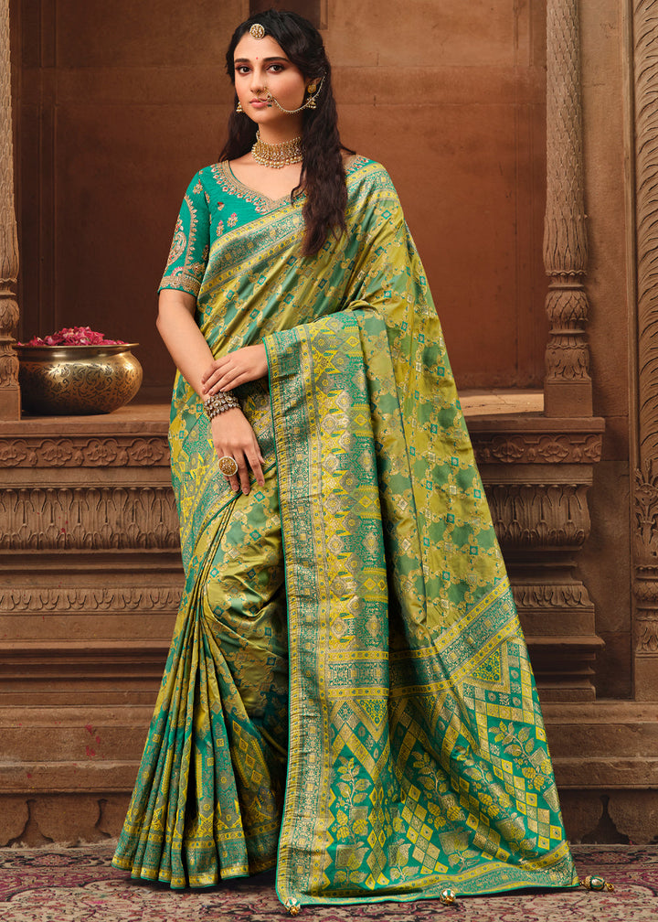 Lime Green Woven Banarasi Silk Saree With Embroidery Designer Blouse