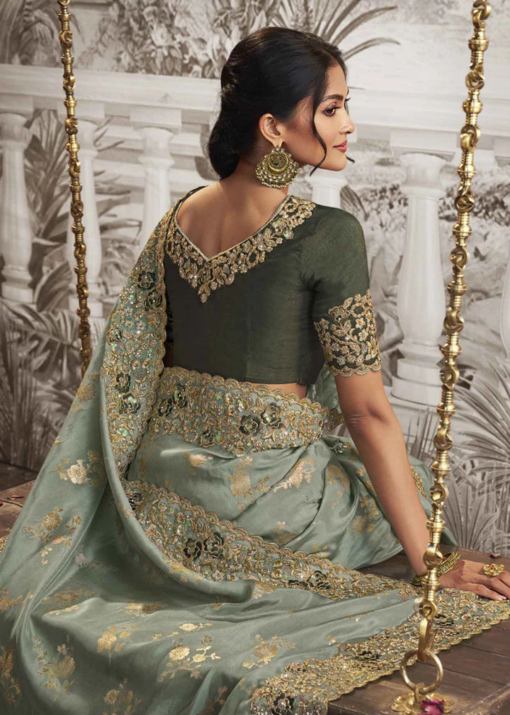 Meenakari Green Heavy Embroidery Designer Saree