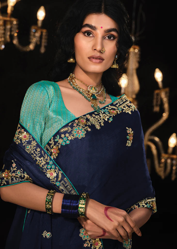 Traditional Blue Tissue Embroidery Designer Saree (Copy)