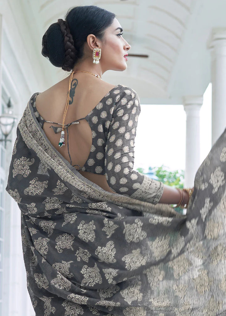 Charcoal Black Woven Lucknowi Chikankari Silk Saree