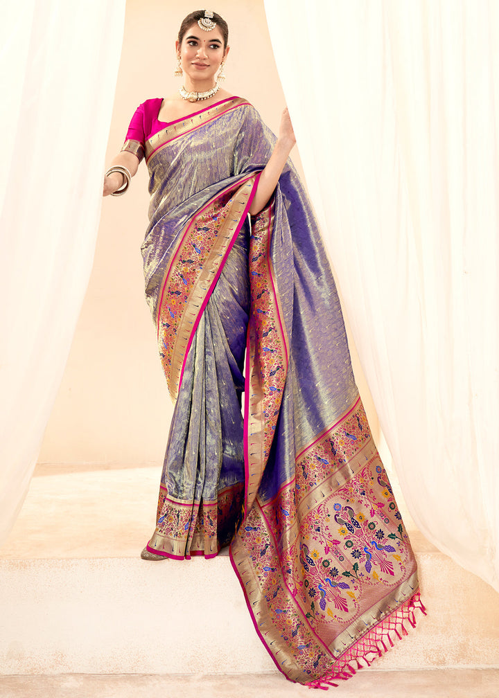 Sparkle Blue Designer Paithani Tissue Silk Saree With Contrast Blouse