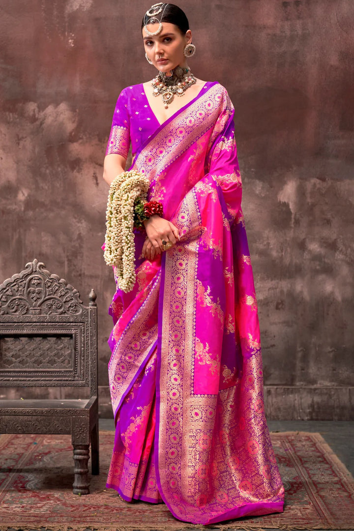 Pink And Purple Handloom Weaving Silk Saree