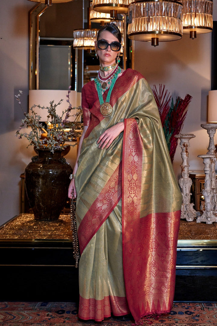 Lime Green And Red Tissue Saree with Designer Blouse