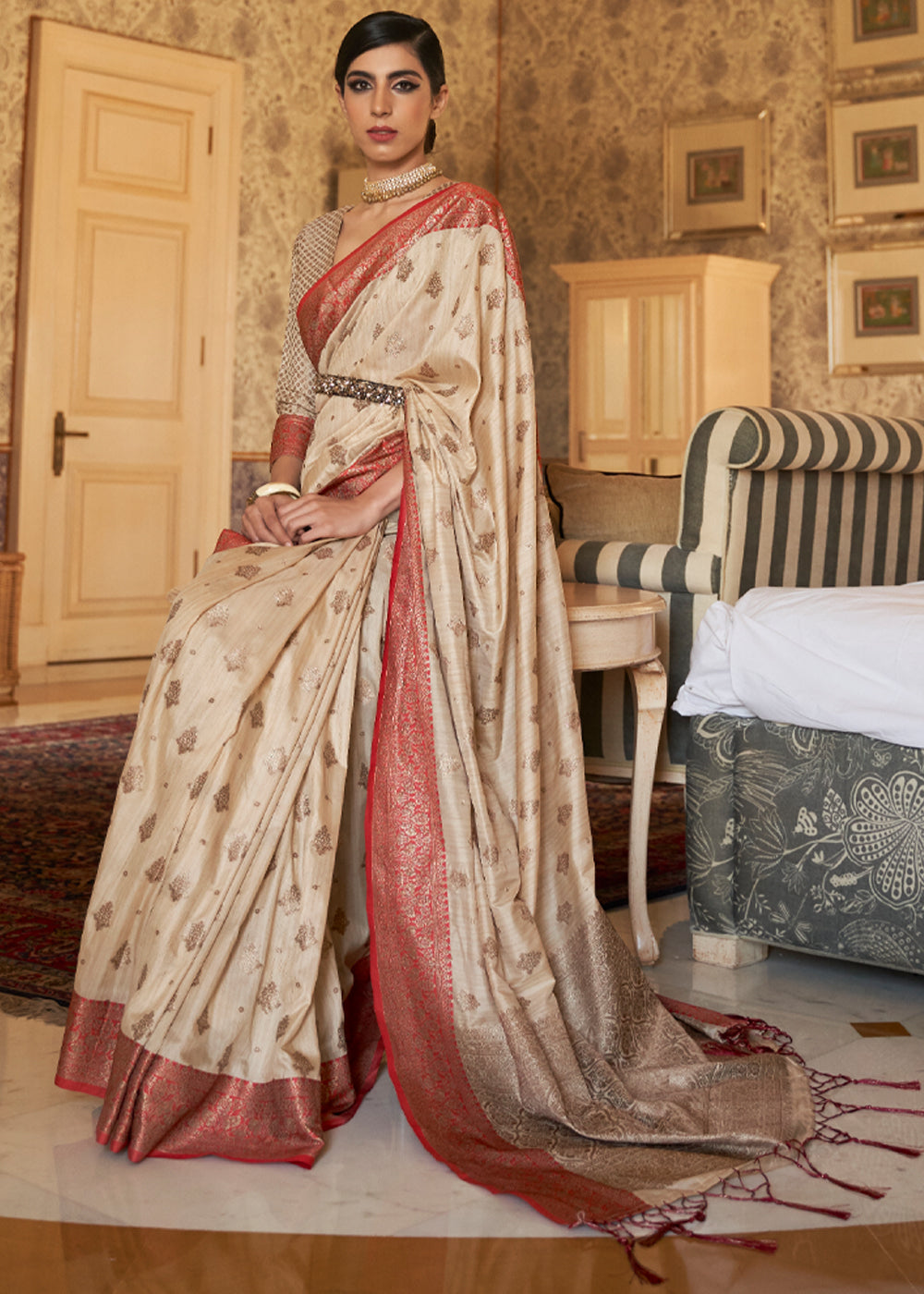 Beige Woven Tussar Silk Saree With Brocade Blouse