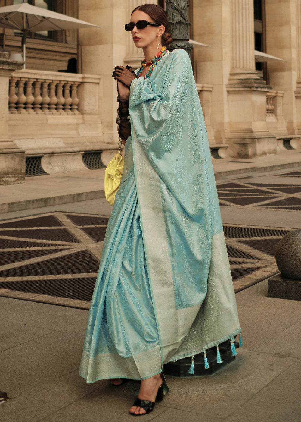 Blue Satin Handloom Weaving Silk Saree