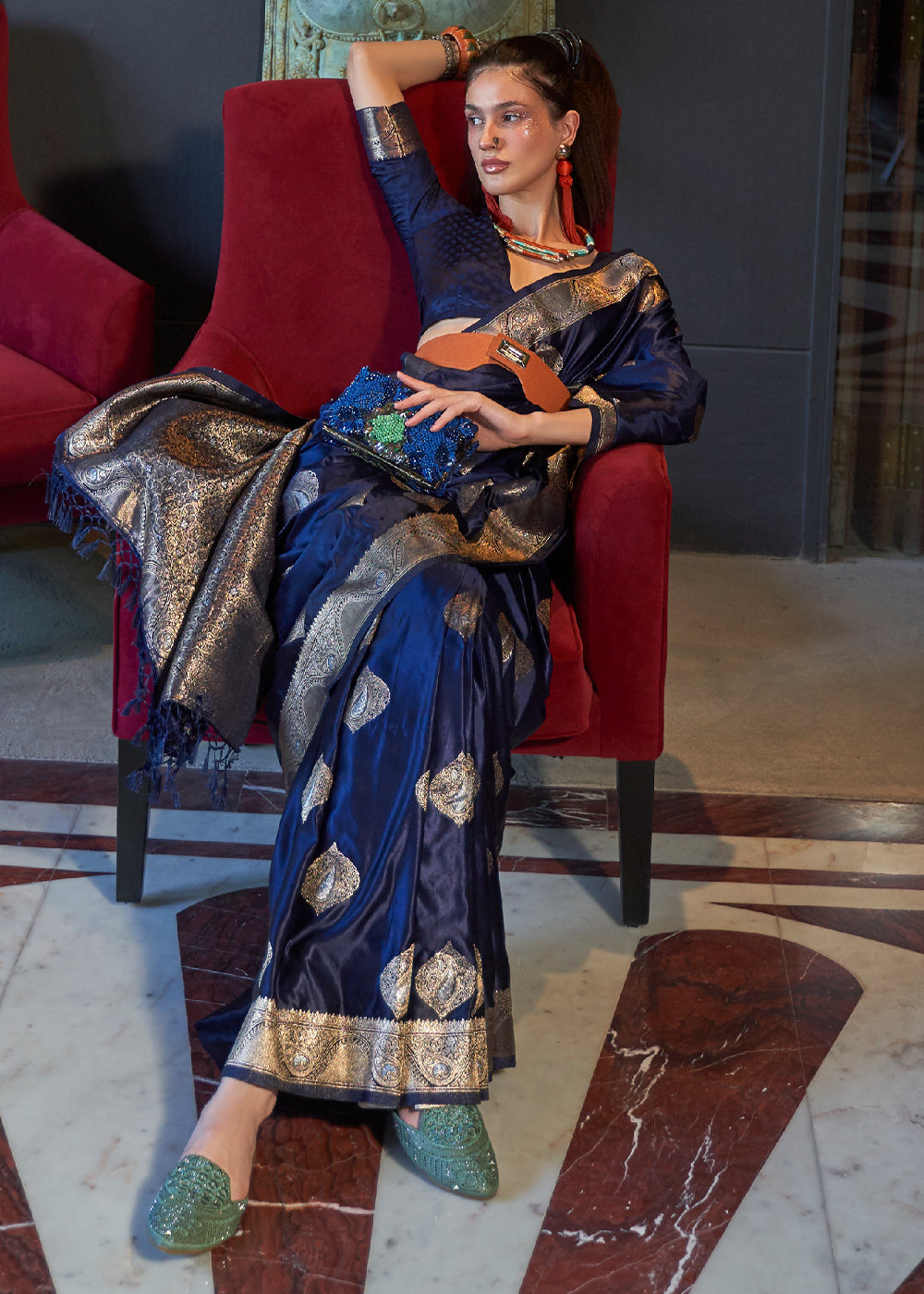 Blue Satin Handloom Weaving Silk Saree