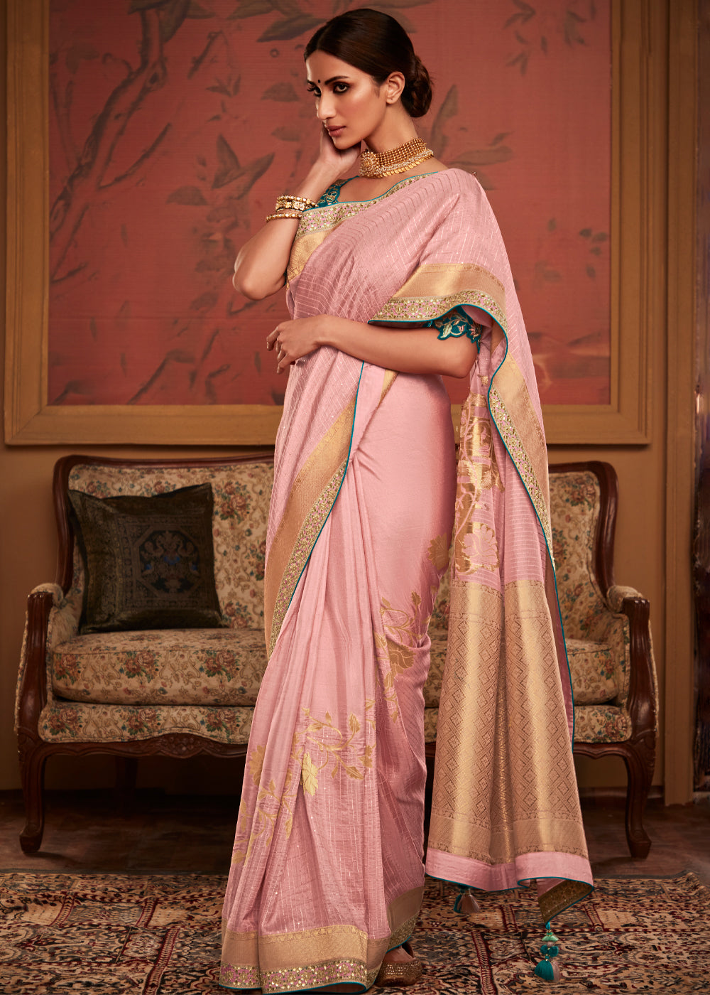 Rose Pink Designer Soft Pure Dola Silk Saree