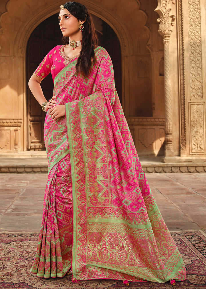 Pink Woven Banarasi Silk Saree With Embroidery Designer Blouse