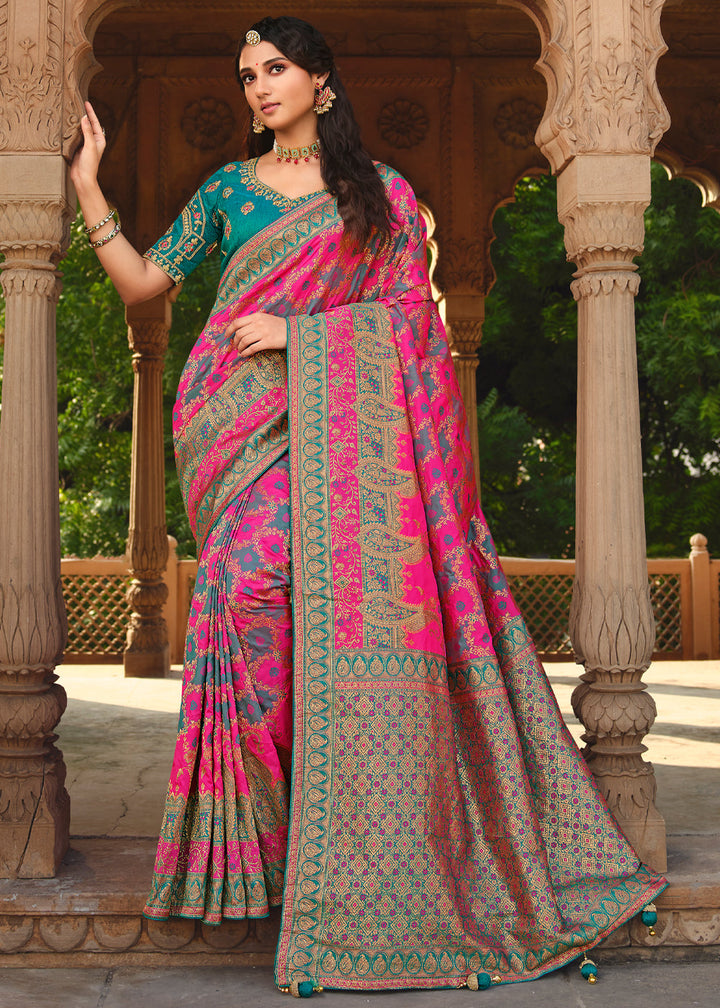 Pink And Blue Woven Banarasi Silk Saree With Embroidery Designer Blouse