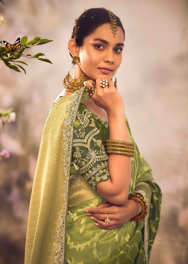 Grass Green Premium Banarasi Tissue Silk Designers Saree