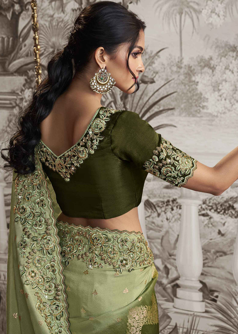 Olive Green Soft Woven Embroidery Designer silk Saree With Matching Floral work blouse