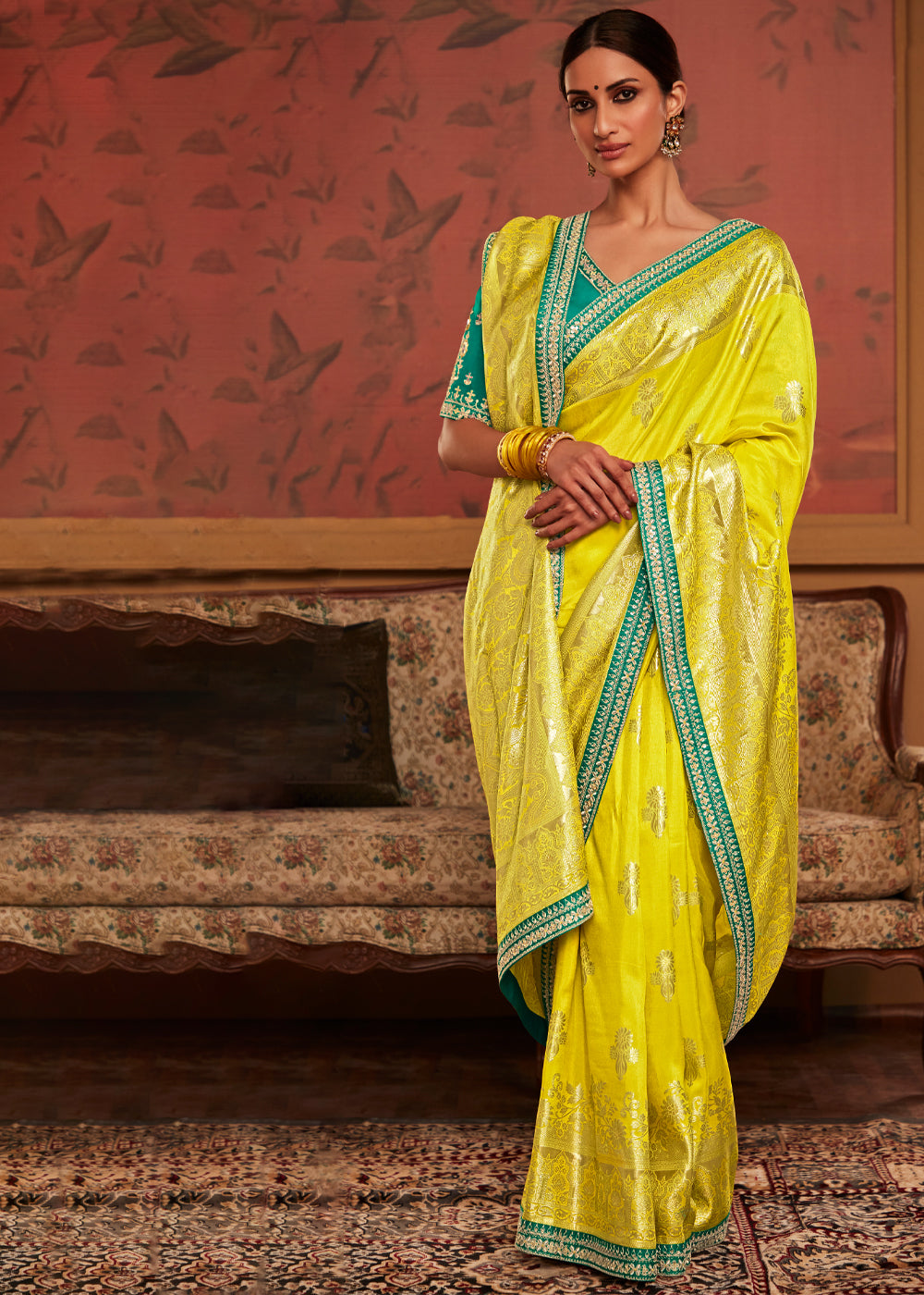 Lemon Yellow Designer Soft Pure Dola Silk Saree