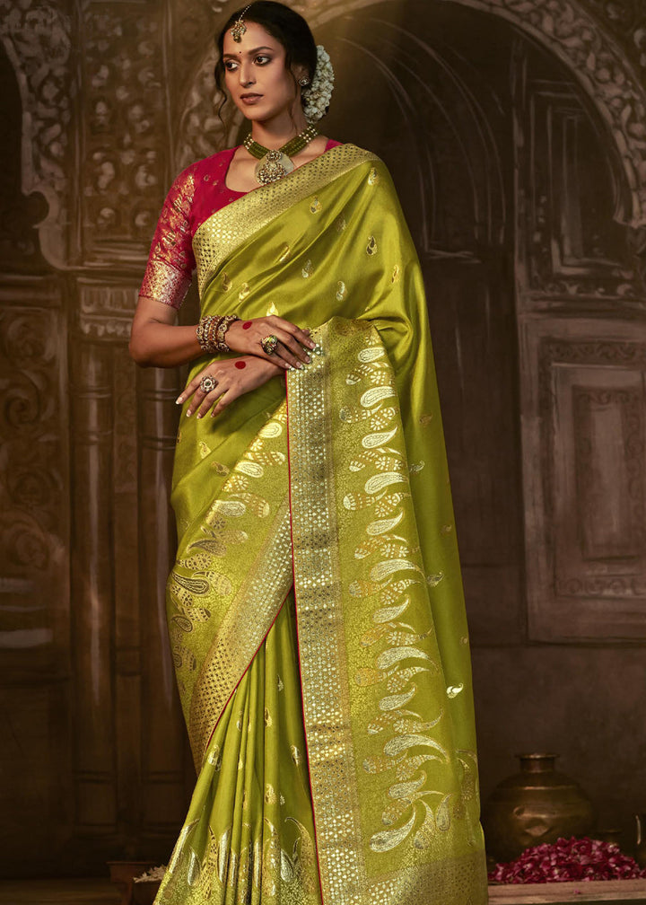 Beautiful Green Woven Pure Dola Silk Saree with Designer Purple Blouse