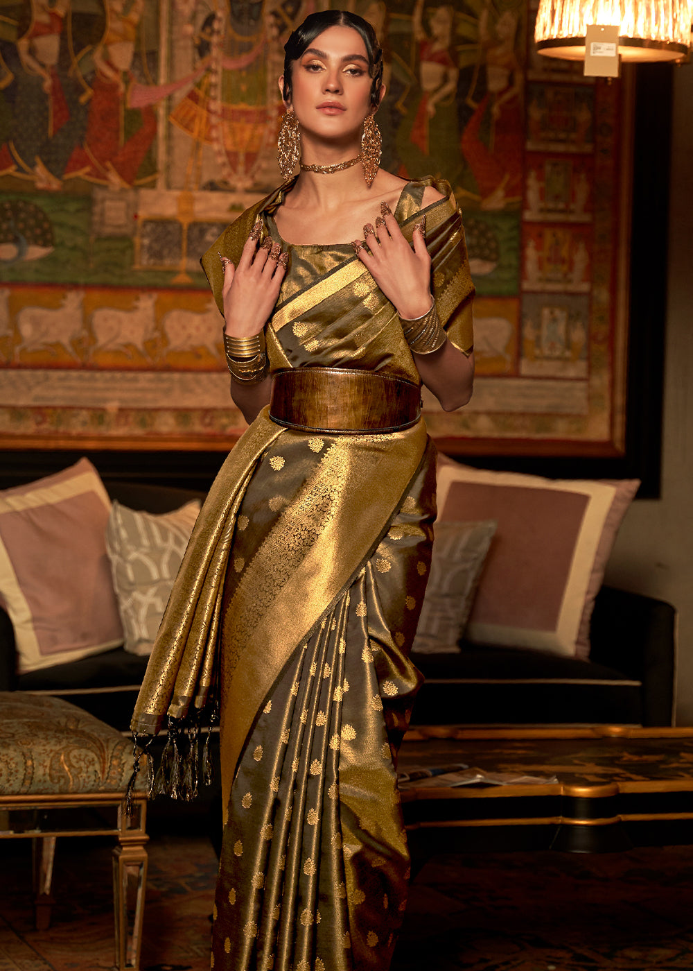 Golden Brown Handloom Woven Silk Saree