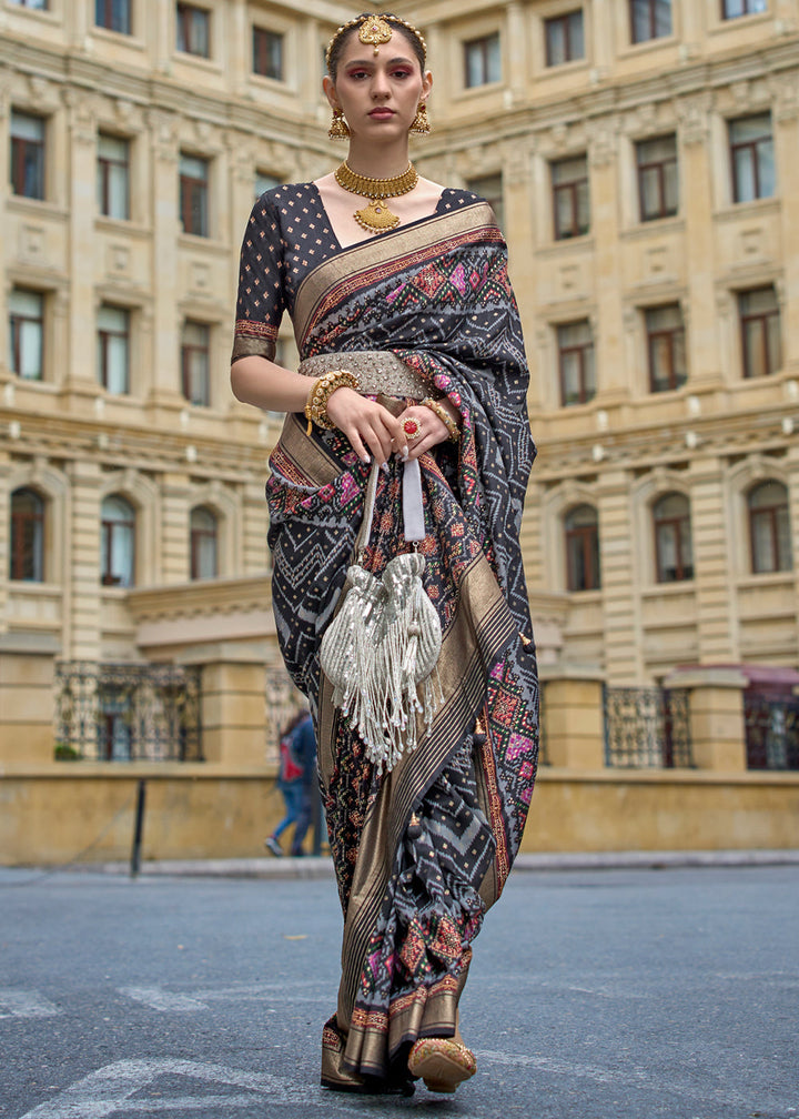 Dark Grey Printed Patola Saree With Contrast Blouse