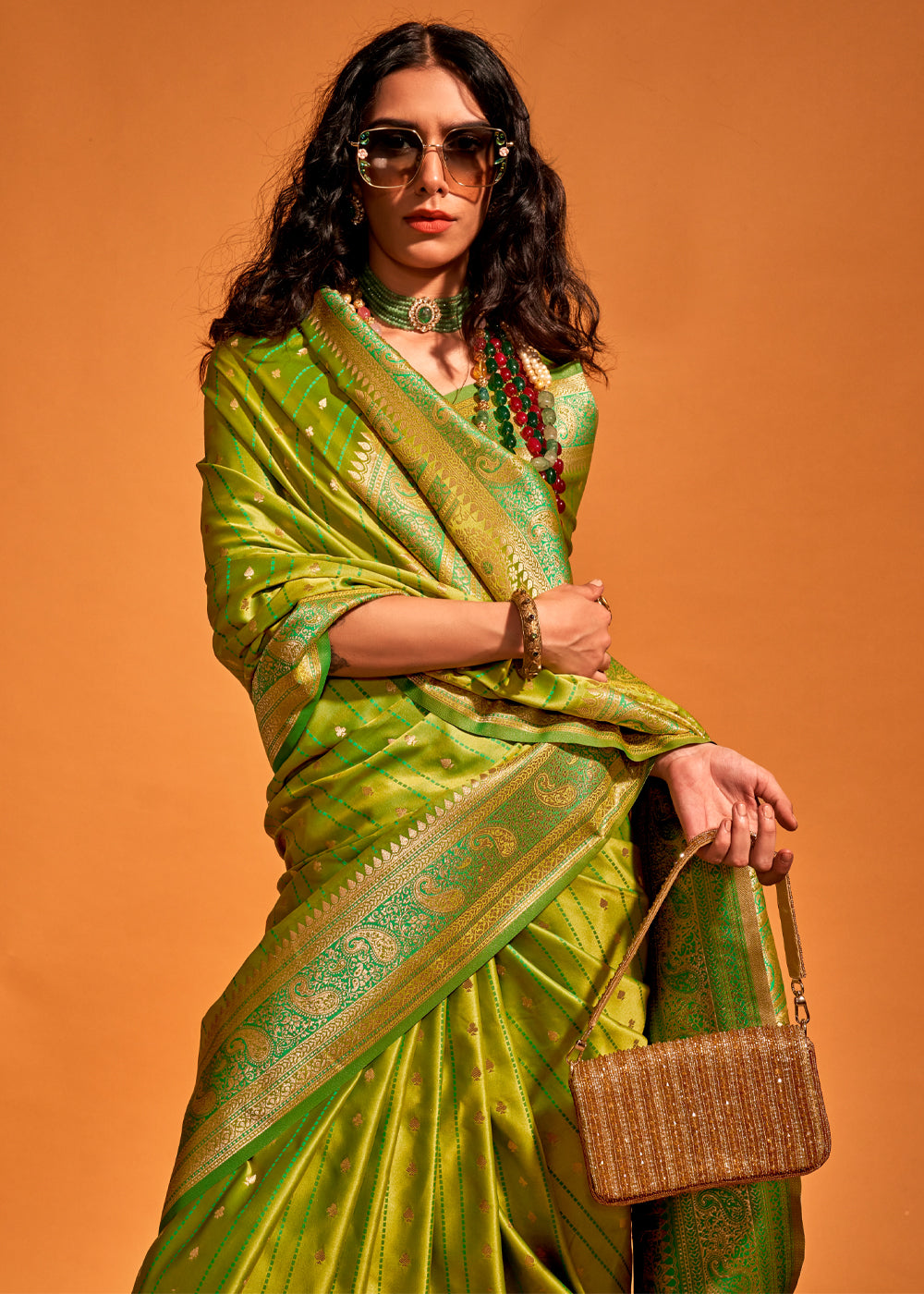 Lime green Banarasi Satin Weaving Silk Saree