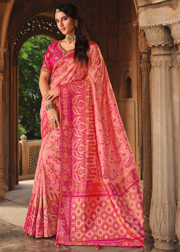 Peach Pink Woven Banarasi Silk Saree With Embroidery Designer Blouse