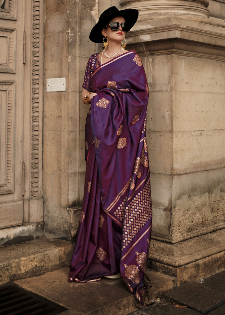 Purple Satin Handloom Weaving Silk Saree