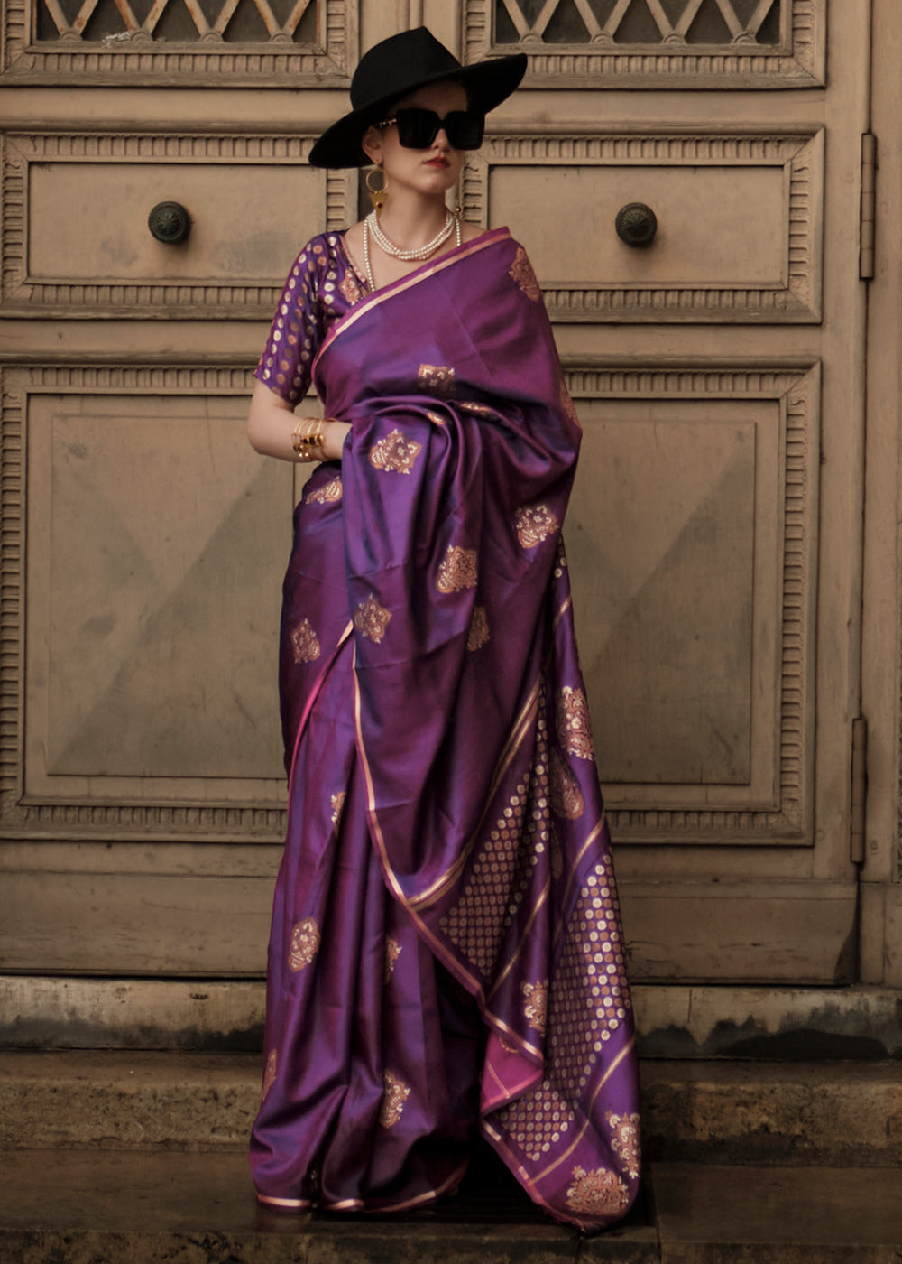 Berry Purple Satin Handloom Weaving Silk Saree