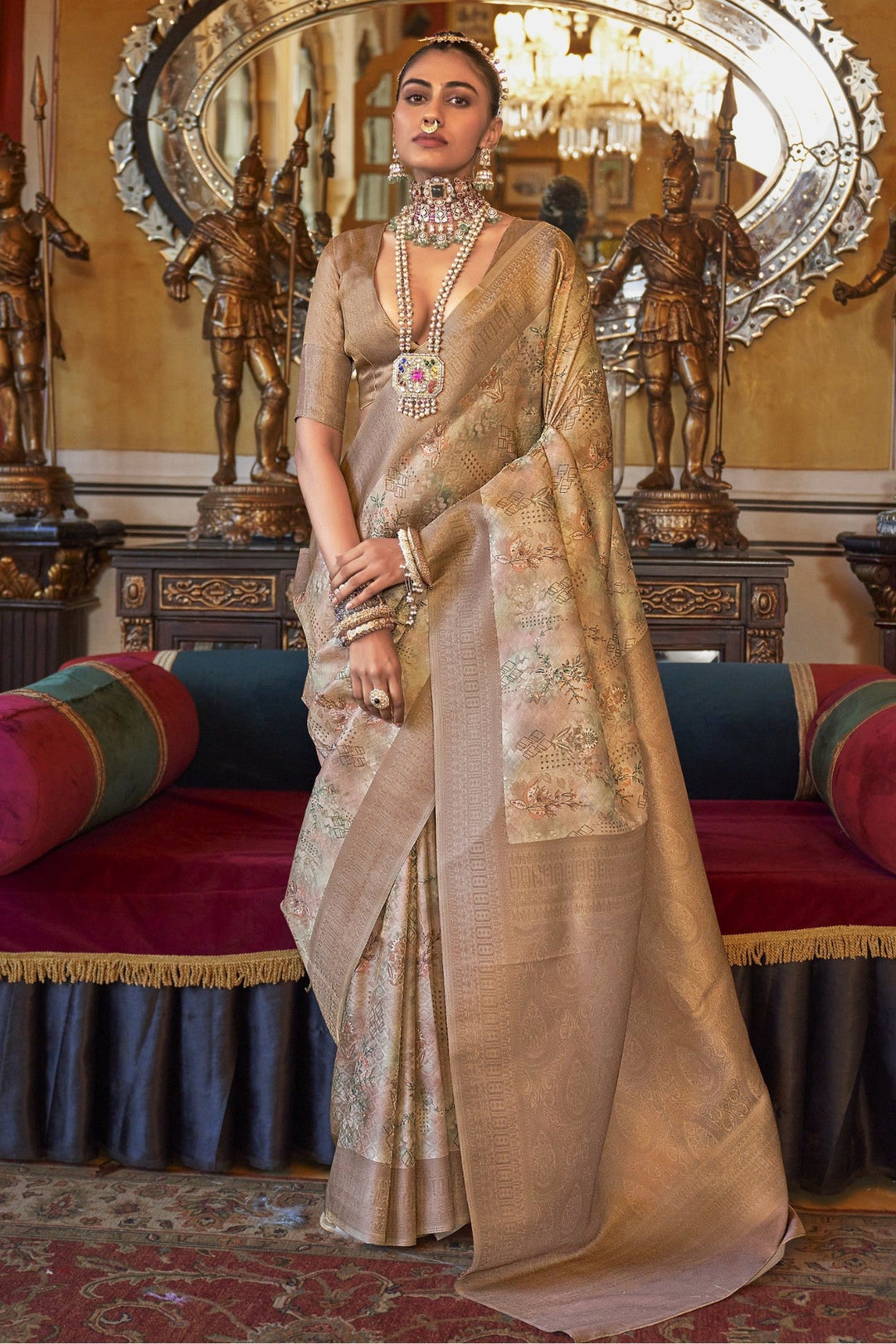 Light Brown nd Cream Digital Printed Silk Saree