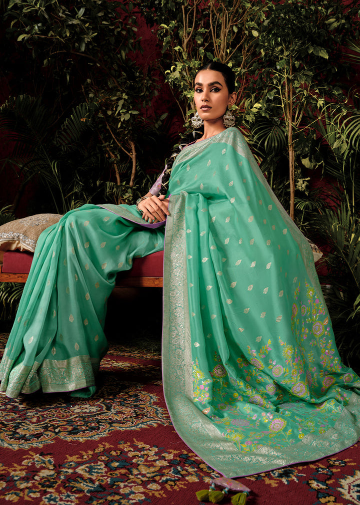 Aquamarine Green Woven Dola Silk Saree with Blouse