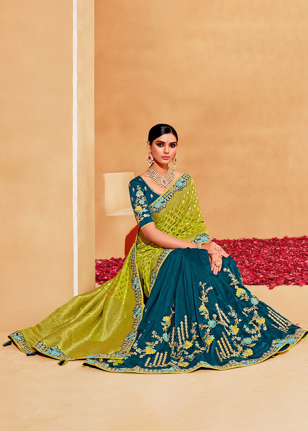 Green and Blue Designer Embroidered Woven Banarasi Silk Saree