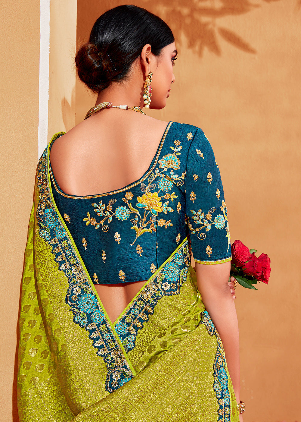 Green and Blue Designer Embroidered Woven Banarasi Silk Saree