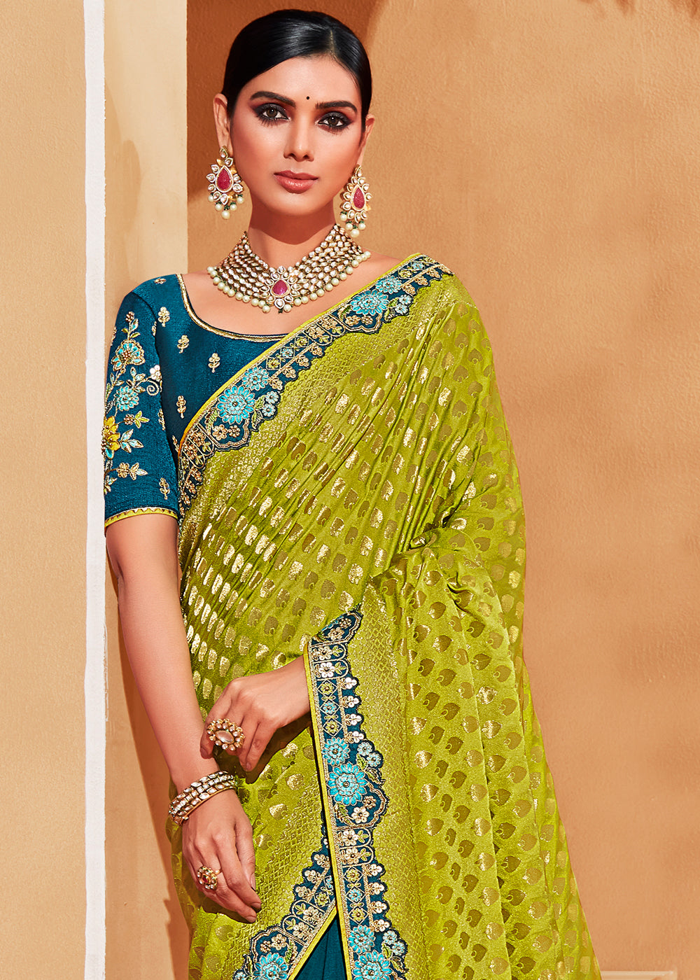 Green and Blue Designer Embroidered Woven Banarasi Silk Saree